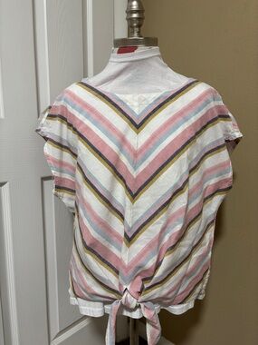 CHARLIE B Chevron Stripe Tie-Front Top in Pink, White, Blue & Mustard